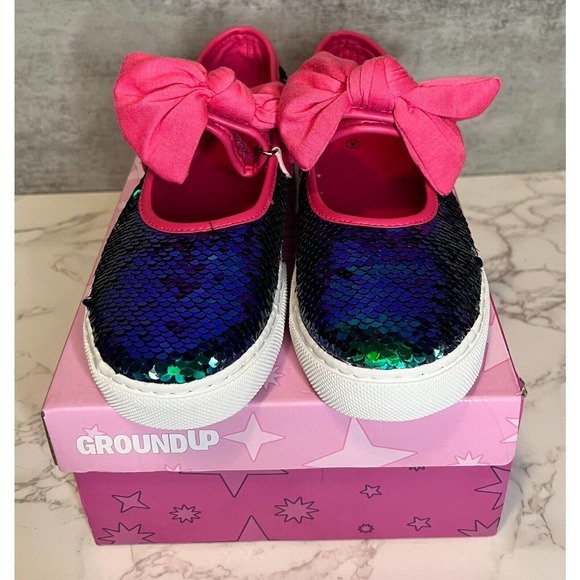 GROUND UP Flip Sequin "Mermaid" Mary Jane Shoes Hot Pink Bow Size 4 - Picture 1 of 3